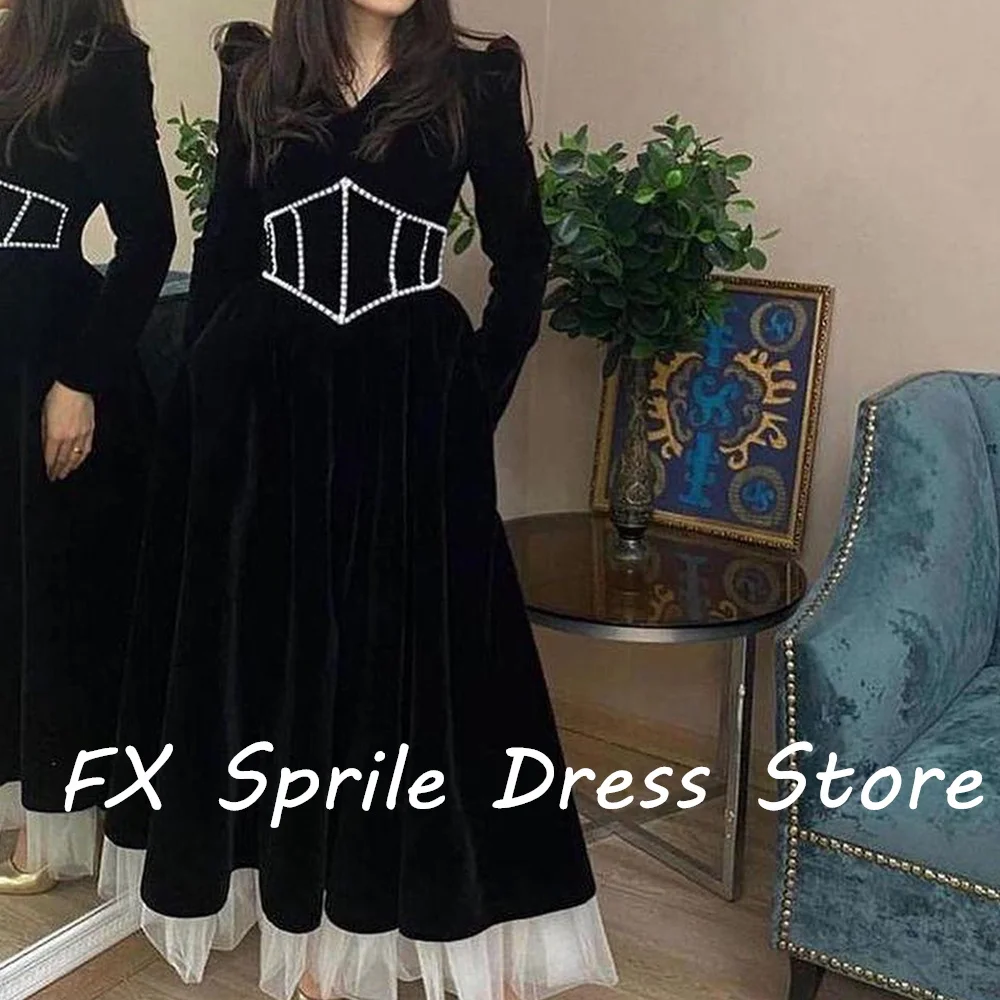 V Neck A-Line Velour Lengan Panjang pergelangan kaki panjang Tulle manik-manik elegan warna Solid gaun malam wanita kesempatan Bespoke gaun 2024