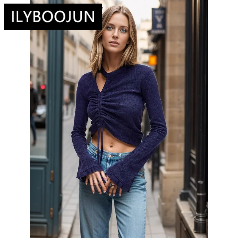 

ILYBOOJUN Solid Hollow Out Spliced Lace Up Slimming T Shirt For Women O Neck Long Sleeve Minimalist Tops Female Clothes New