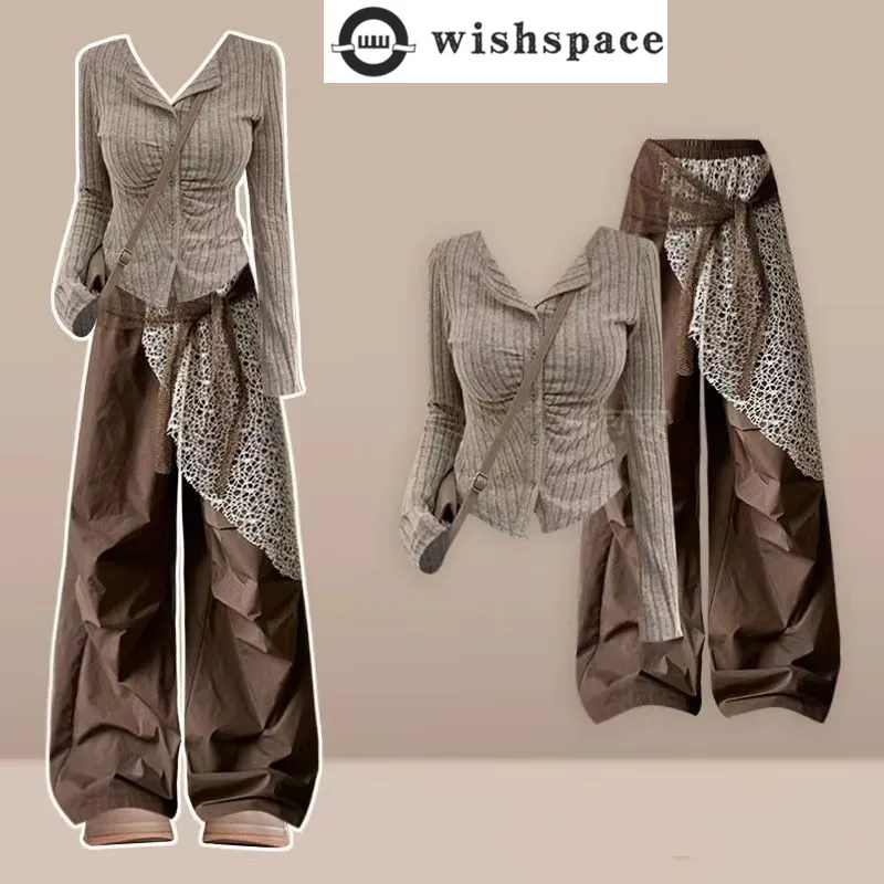 

Women's Set for Spring and Autumn, Fashionable and Beautiful Top Paired with Retro High Waisted Casual Pants Two-piece Set