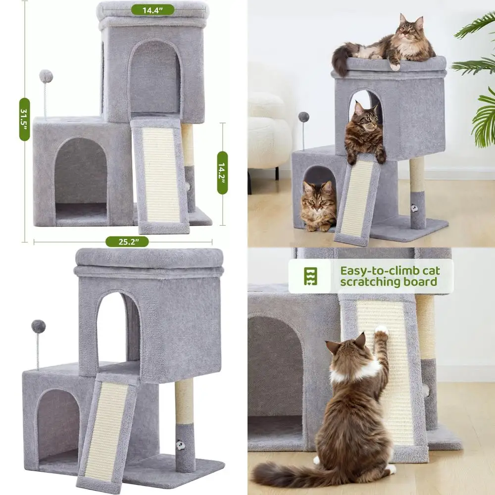 

Light Grey 32 Adult Cat Tree with 2 Condos, Scratching Post, and Board for Cats of All Ages