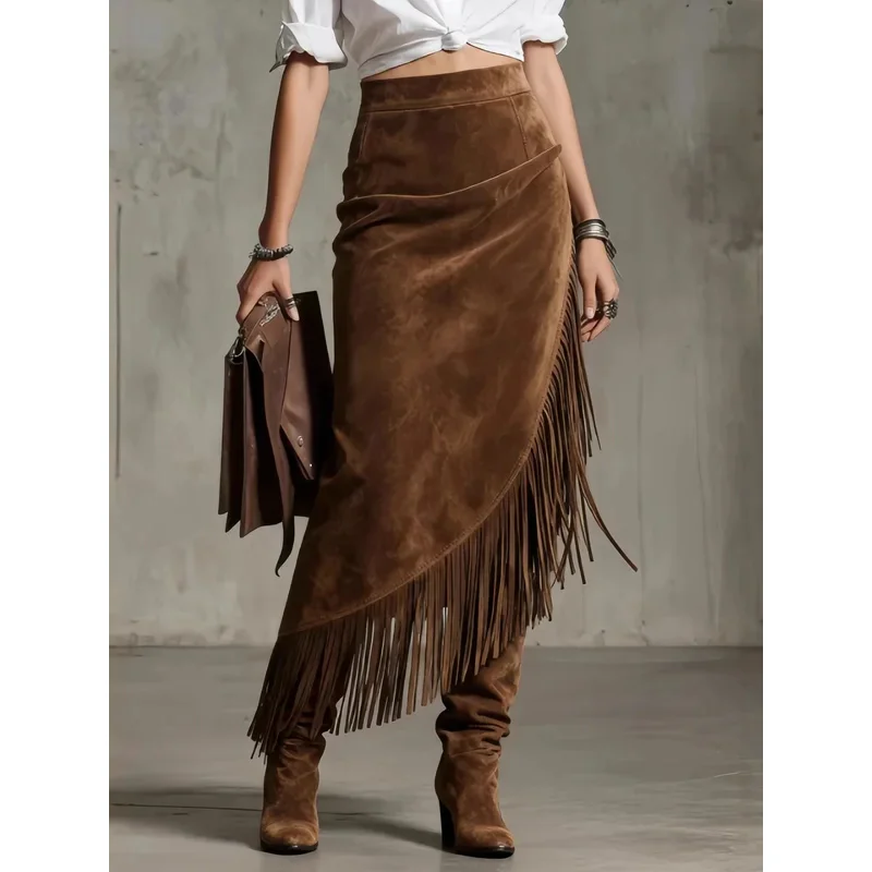 Vintage Women Tassel Suede Skirt Fashion High Waist A-Line Irregular Midi Chic Skirts Elegant Streetwear Patchwork Casual Skirt