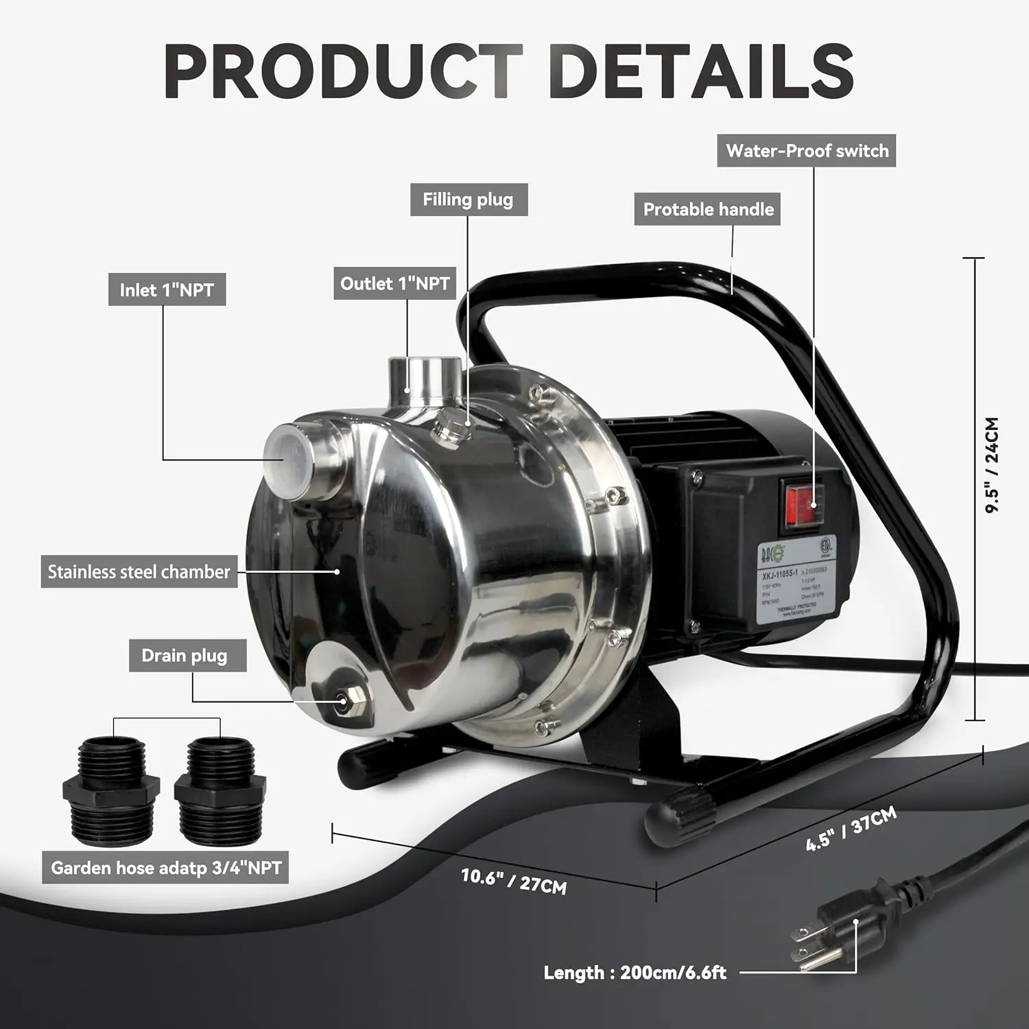 Imagem -03 - Bomba de Transferência de Água de Impulsionador de Pressão de Água Home Portátil Raso 1.5hp 110v 1200gph Aço Inoxidável