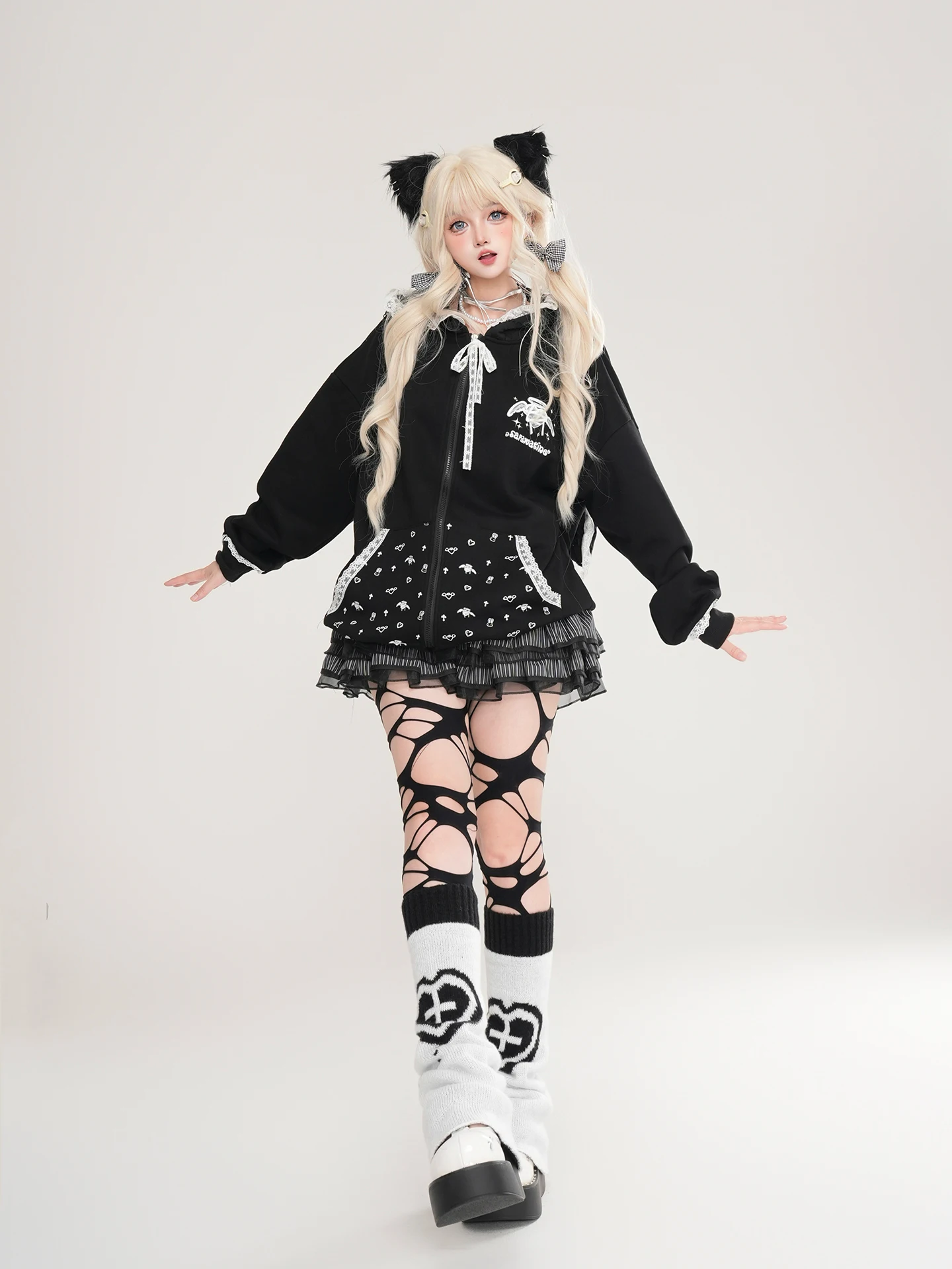 Japanese Fashion Highstreet Sweet Cool Girl Y2K Hoodies Loose Casual Lace Patchwork Ear Hooded Sweatshirts Jackets Women Autumn