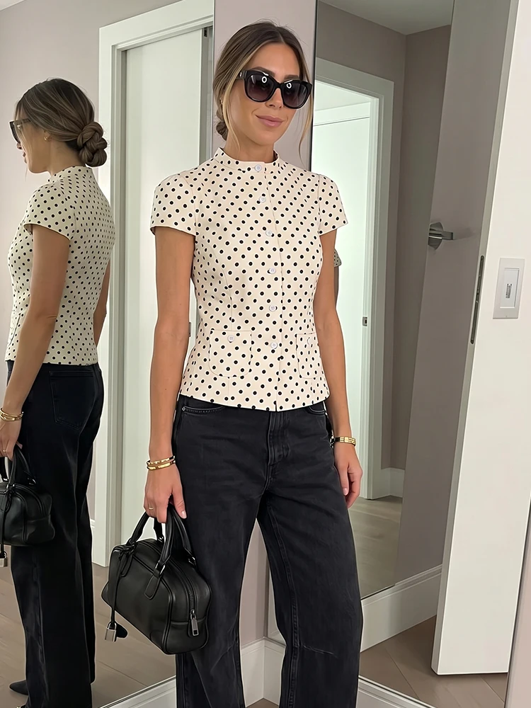 

HH Sweet Style Polka Dot Blouse Women's Stand Collar Cap Sleeve Button Down Shirt Cute Summer Daily & School Vacation Beach Wear
