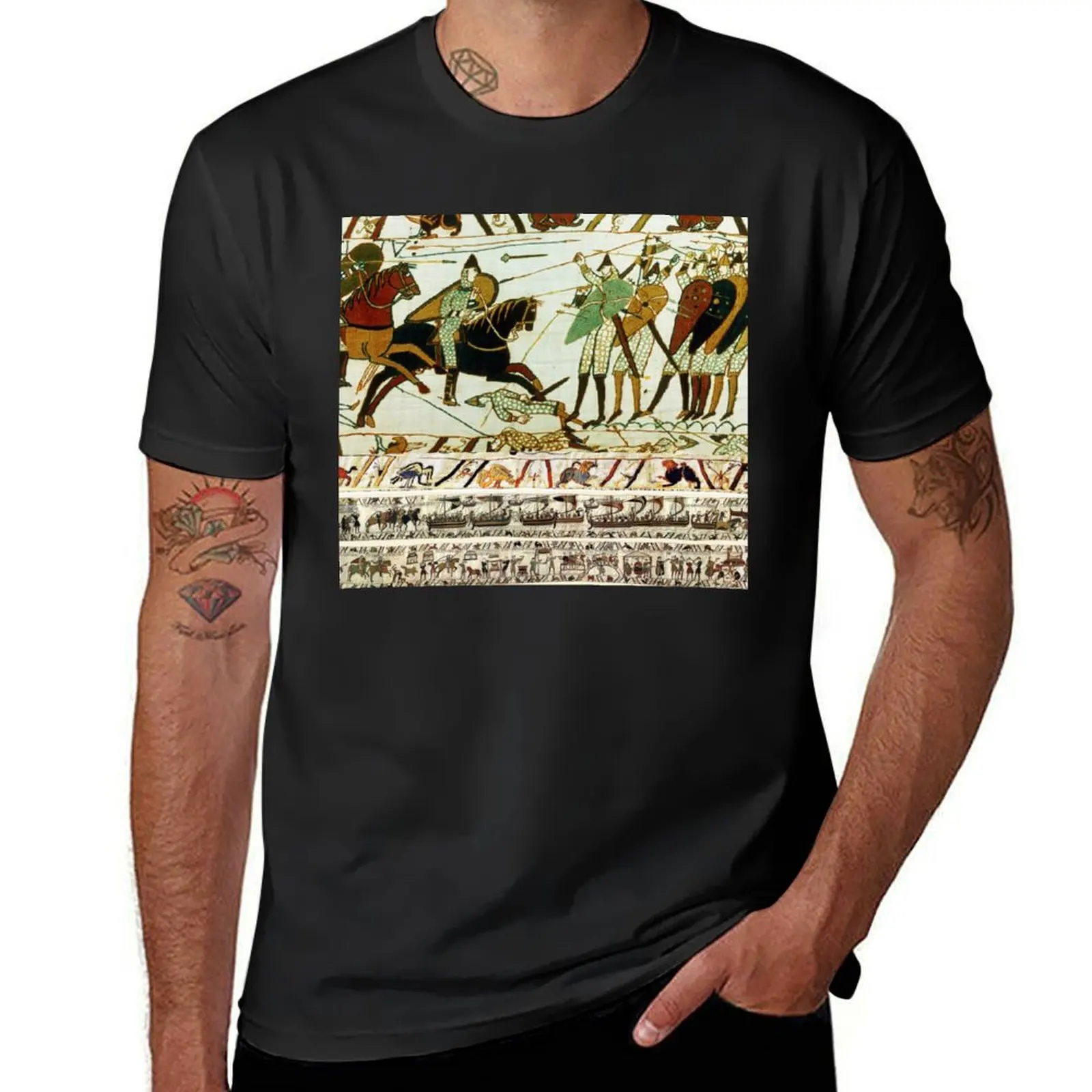 THE BAYEUX TAPESTRY ,BATTLE OF HASTINGS ,NORMAN KNIGHTS HORSEBACK T-Shirt summer tops cute tops Men's t shirts