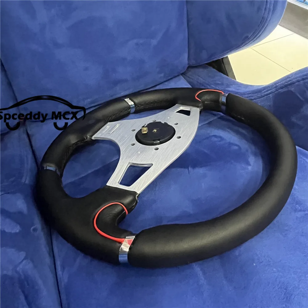 M 14inch Classic Silver Bracket Leather Steering Wheel Racing 350mm Car Sport