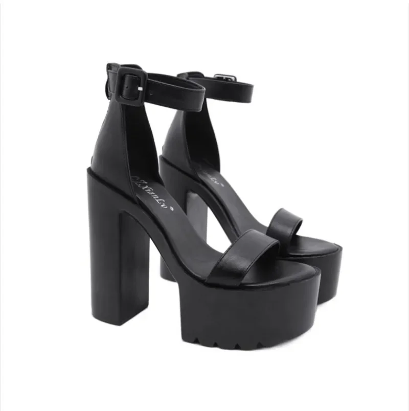 Summer Women Sandals Platform Party Pumps PU 14CM Square Heel Summer Buckle Strap One Character Strip Model Show Women Shoes