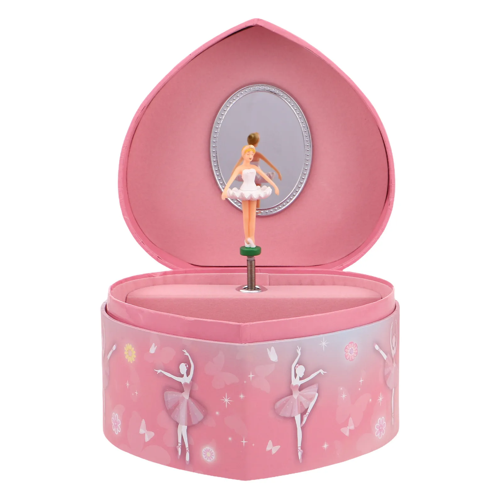 Girls Ballet Music Box Heart Shaped Musical Jewelry Storage Organizer Spinning Dancer Pink Finish Rings Necklaces Bracelets Safe