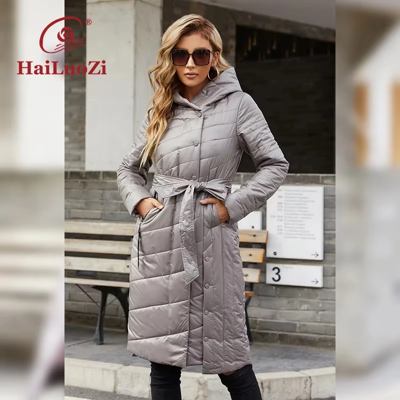 HaiLuoZi Women’s Spring Autumn Jacket Long Fashion Splicing Women Coat  Diagonal Belt Hooded Large Pocket Female Casual Parka 73