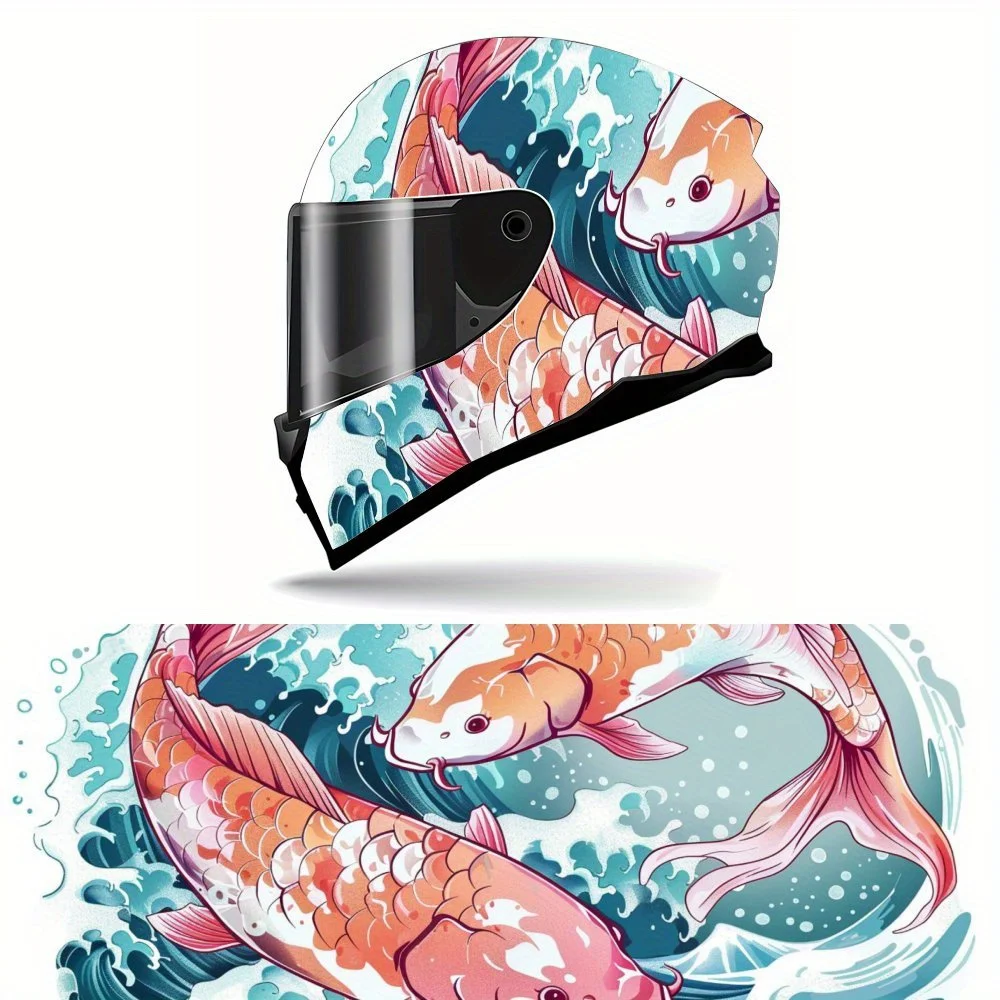 

Blue Waves and Red and White Koi Carp Motorcycle Vinyl Wraps Helmet Decal, Helmet Sticker, Self-adhesive Waterproof Helmet Deco