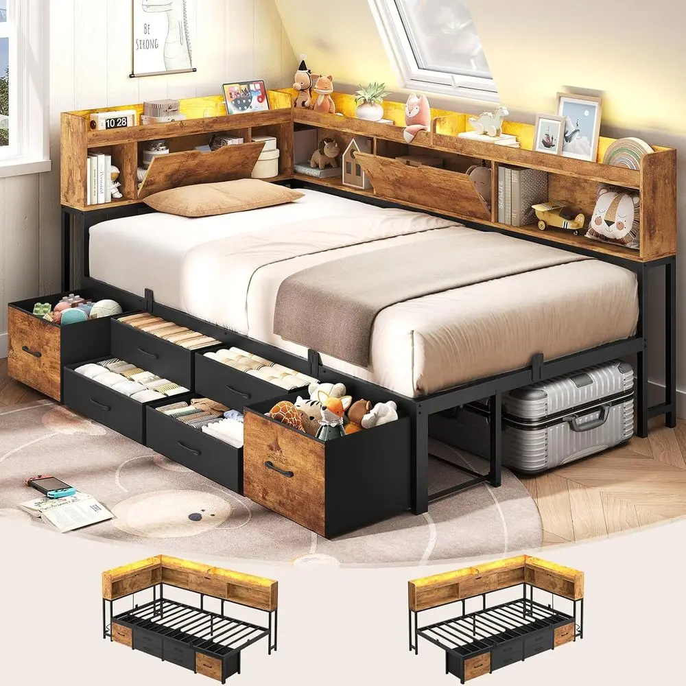 AOGLLATI Twin Bed e with Bookcase and Hidden Storage & Metal Platorm Twin Size Daybed with 6 Ders,Charging Station, Led Lights-