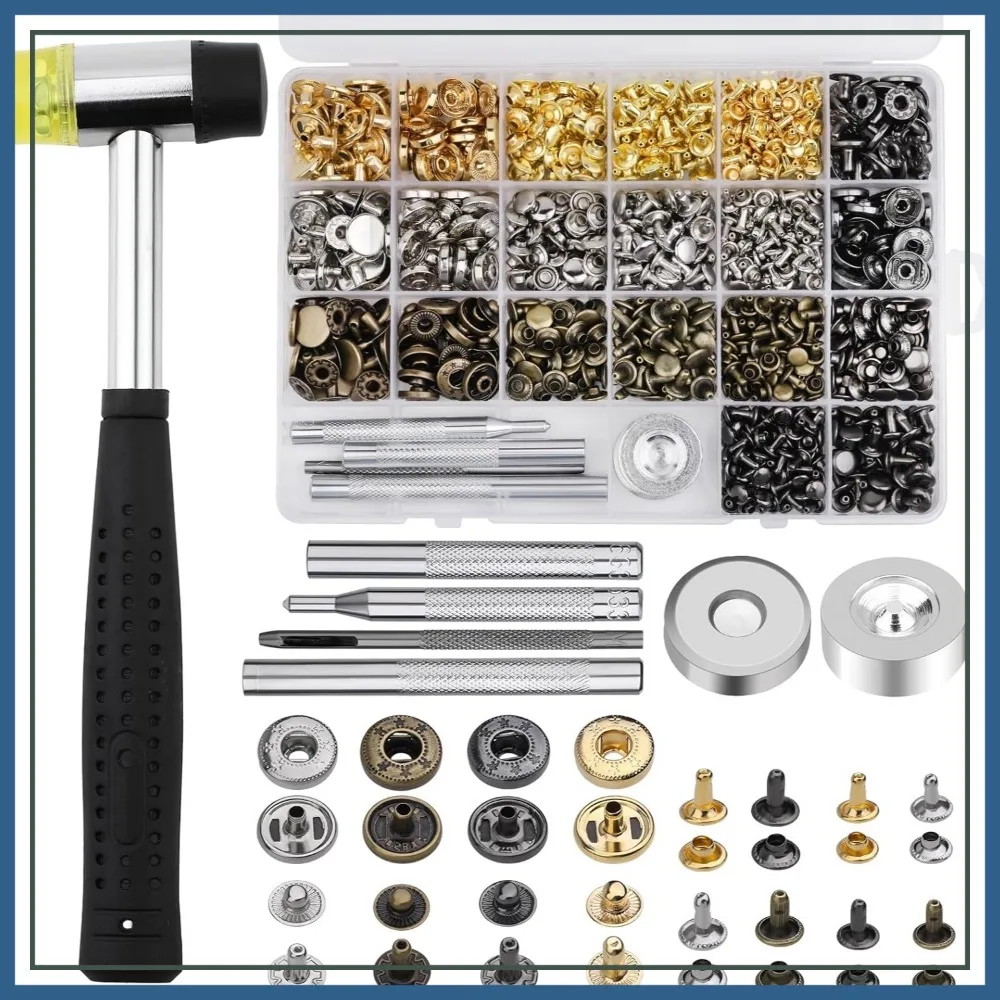 

320 Pcs Leather Rivets Kit with 60 Snap Fasteners, Double Cap Rivets, Nylon Hammer, DIY Repair Tools for Shoes, Bags, Belts