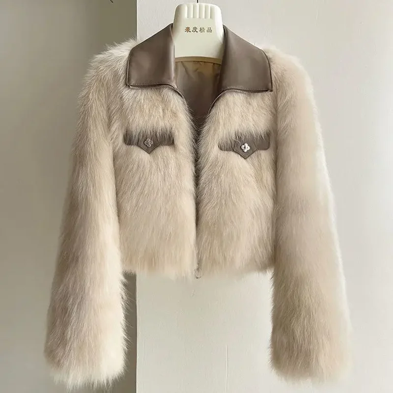 

Spring Autumn Korean Chic Polo Collar Loose Fur Coat Women Clothing Winter Coat Faux Fox Fur Plush Short Jackets Women Tops 3452