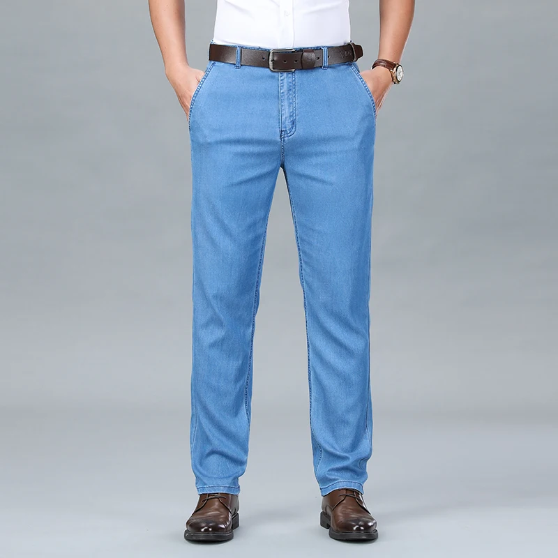 2026 New Spring Men's Light Blue Stretch Straight Jeans Business Casual Denim Pants Modal Fabric Trousers Male Brand