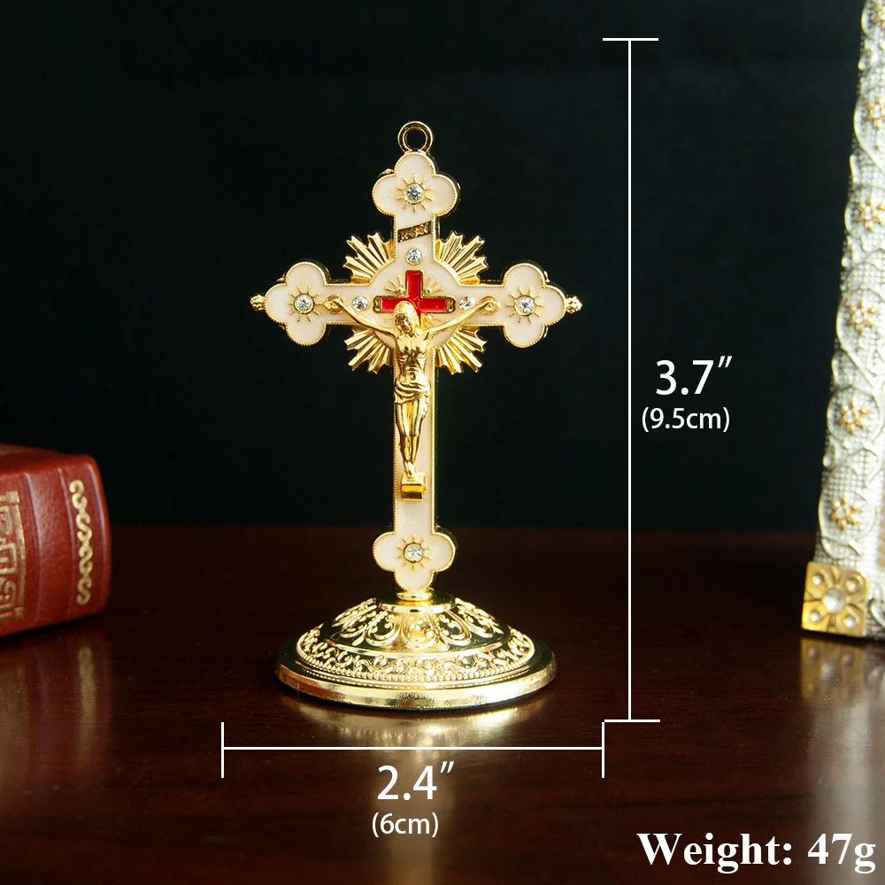 HTISOK Catholic cross with Base Jesus Cross Ornament of Catholicism Religious Gift Church Home Tabletop Decor for Worship Prayer