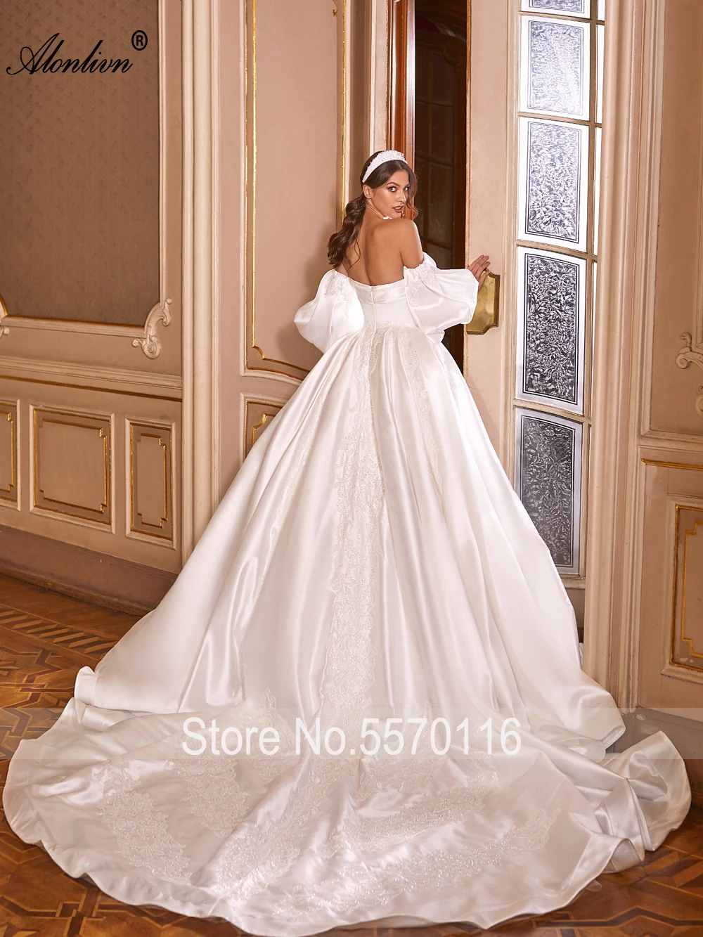 Alonlivn Stuning Satin Pleated Sweetheart Ball Gown Wedding Dresses Beading Embroidery Lace With Removable Sleeves Bridal Skirts