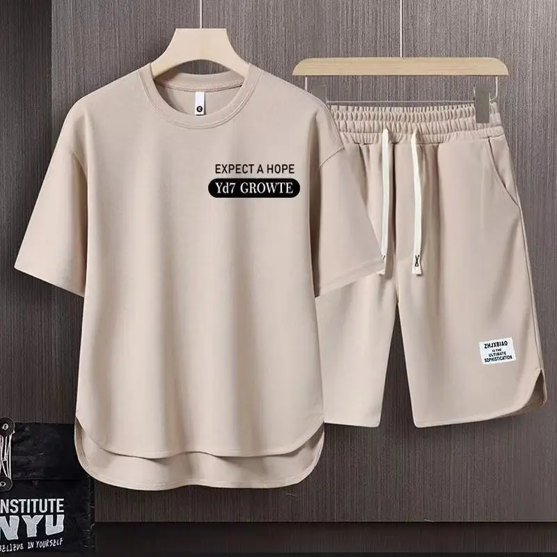 

Male T Shirt Short Sets Sweatsuit Sweatshirts Alphabet Tracksuit Men's Shorts Set Work Wear Brown 2 Piece Outfit Tee Loose Basic
