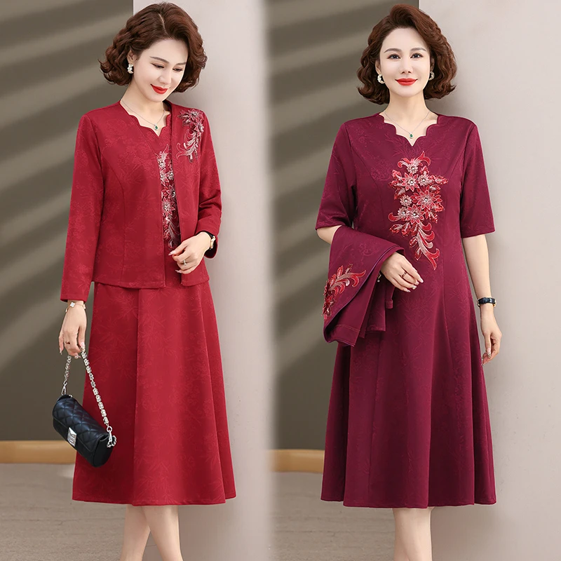 

Spring Autumn Temperament Mom Suit Set Coat Long Sleeve Set Women's Loose Large Slim Knee Length Skirt Two Piece Set