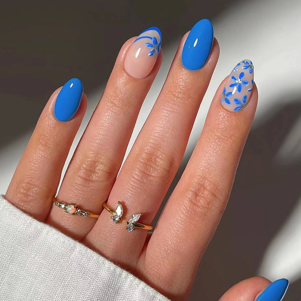 قم بتحويل أظافرك مع، 24 قطعة من الزهور الزرقاء البيضاوية القصيرة مع تصميم لامع، اضغط على مجموعة أظافر، لون حلوى معكرون مناسب تمامًا أ #1