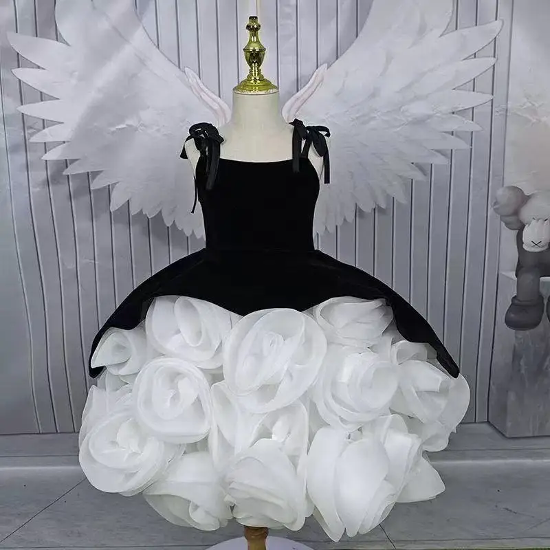 3-12Y Girls' Princess Dress Baby Girl's Black Velvet 3D Rose Flower Princess Birthday Gown 100-160cm