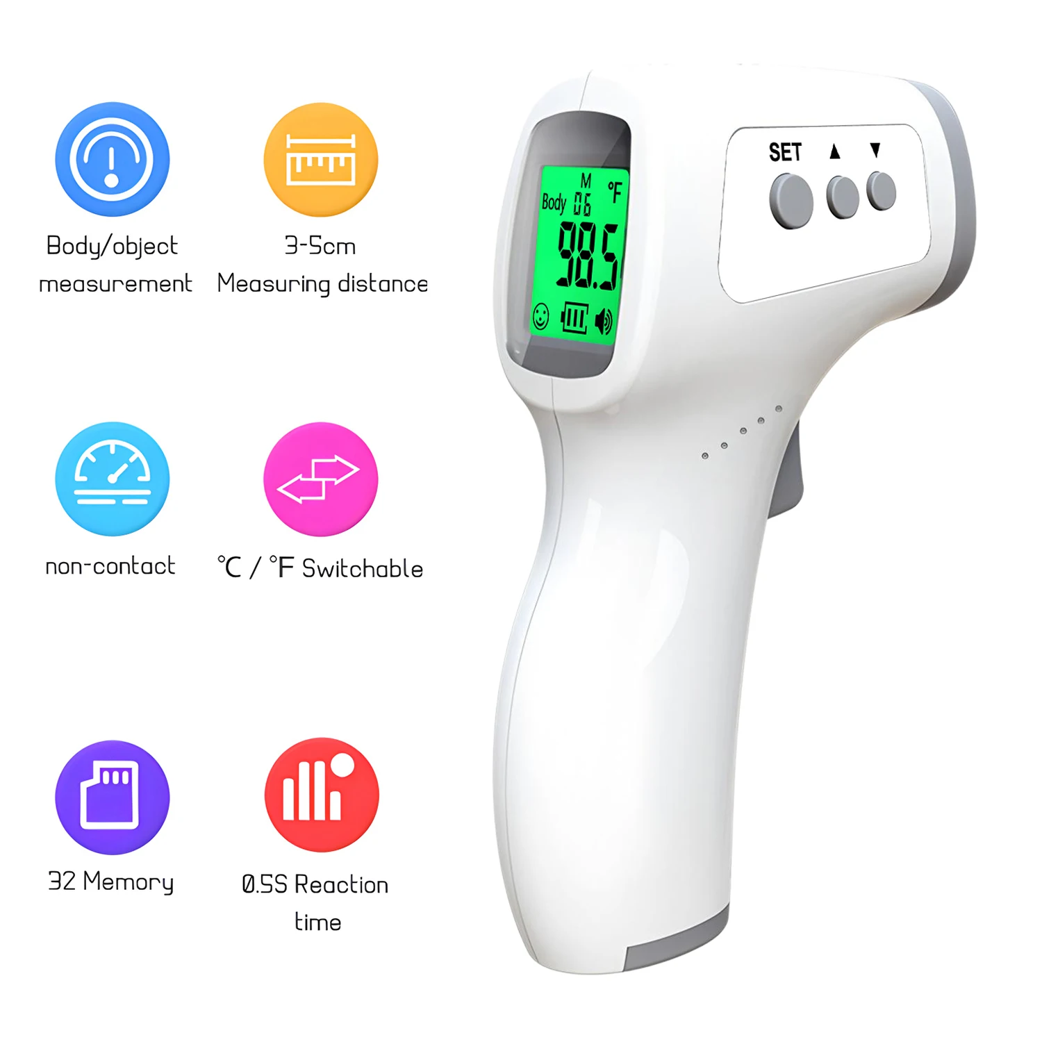 Handheld Body Thermometer Non-contact Tri-color Digital Display Forehead Thermometer Infrared Fever Measure Tool for Adult Kids