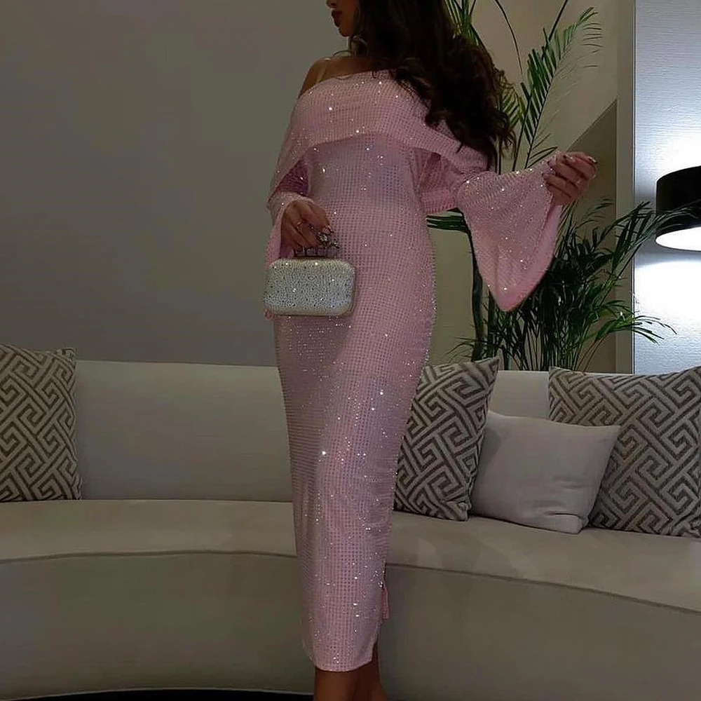 

Customized Exquisite Jersey Straight Off the Shoulder Crystal Evening Dress Flare Sleeves Boat Neck Long Sleeves Photo Color