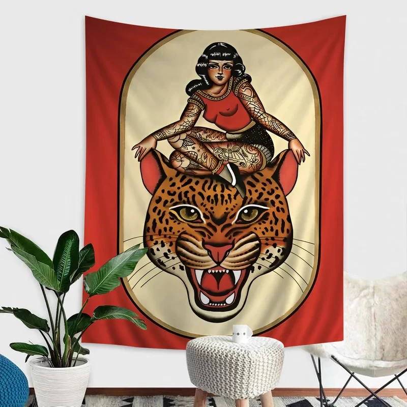 VIKAMA Old School Tattoo Art Tapestry Wall Art for Bedroom, Living Room, Dorm, Retro Pin-up & Leopard Room Decor