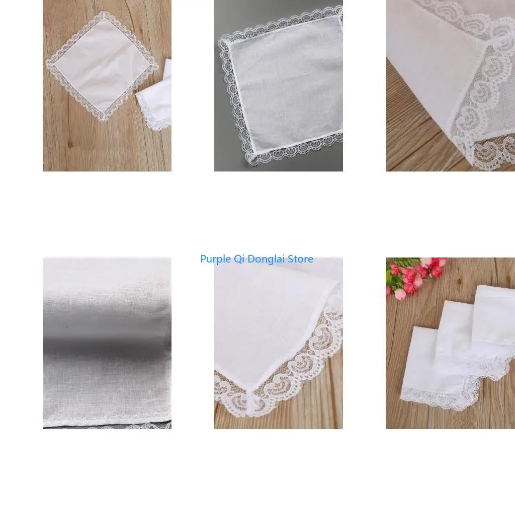 L21E 26x27cm Men Women Cotton Handkerchief White Hankies Pocket Lace Trim Towel