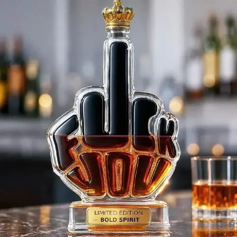 Creative Middle Finger Glass Whiskey Bottle, Hand Gesture Liquor Decanter with Airtight Seal, Unique Home Bar Decor & Gift