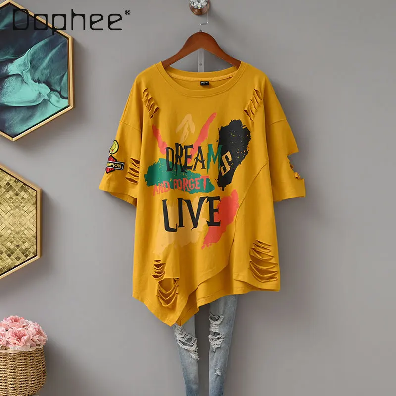 

Street Style Ripped Irregular T-shirt 2026 Summer Fashion Loose Casual Letter Graffiti Round Neck Short Sleeve T-shirt for Women