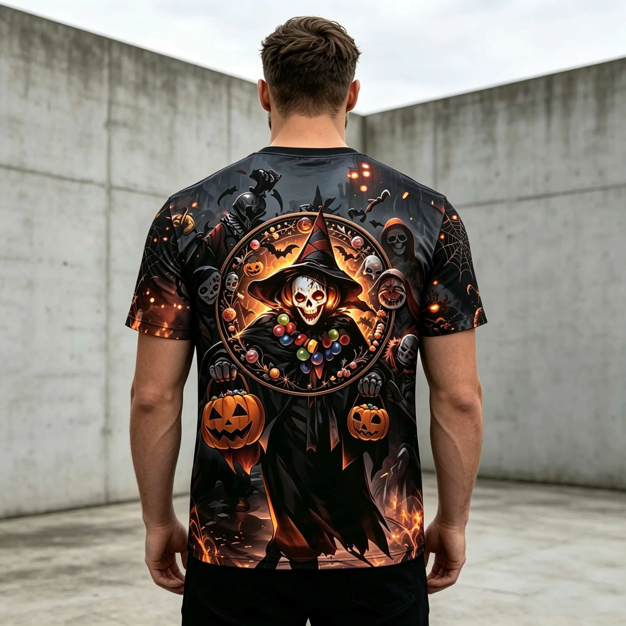 Men Summer Short Sleeve T‑Shirt Gothic Horror Skeleton Holding Pumpkin Baskets Print Halloween Cosplay Casual Pullover Tees