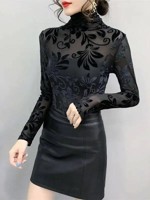 

Женская футболка-лонгслив из 100% льна в корейском стиле, с высоким воротом, из бархатной ткани, приталенного кроя, модель 2023 года