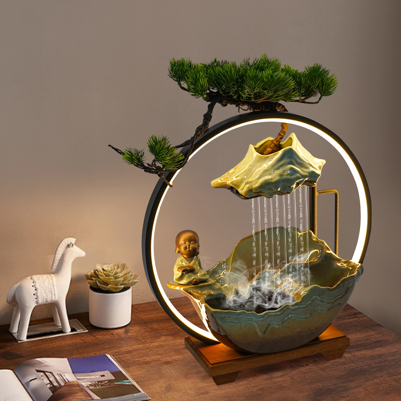 

Backflow Incense Burner Incense Cone Sticks Holder with LED Lights, Inscents Cones Waterfall,Plants & Ceramic Zen Decor