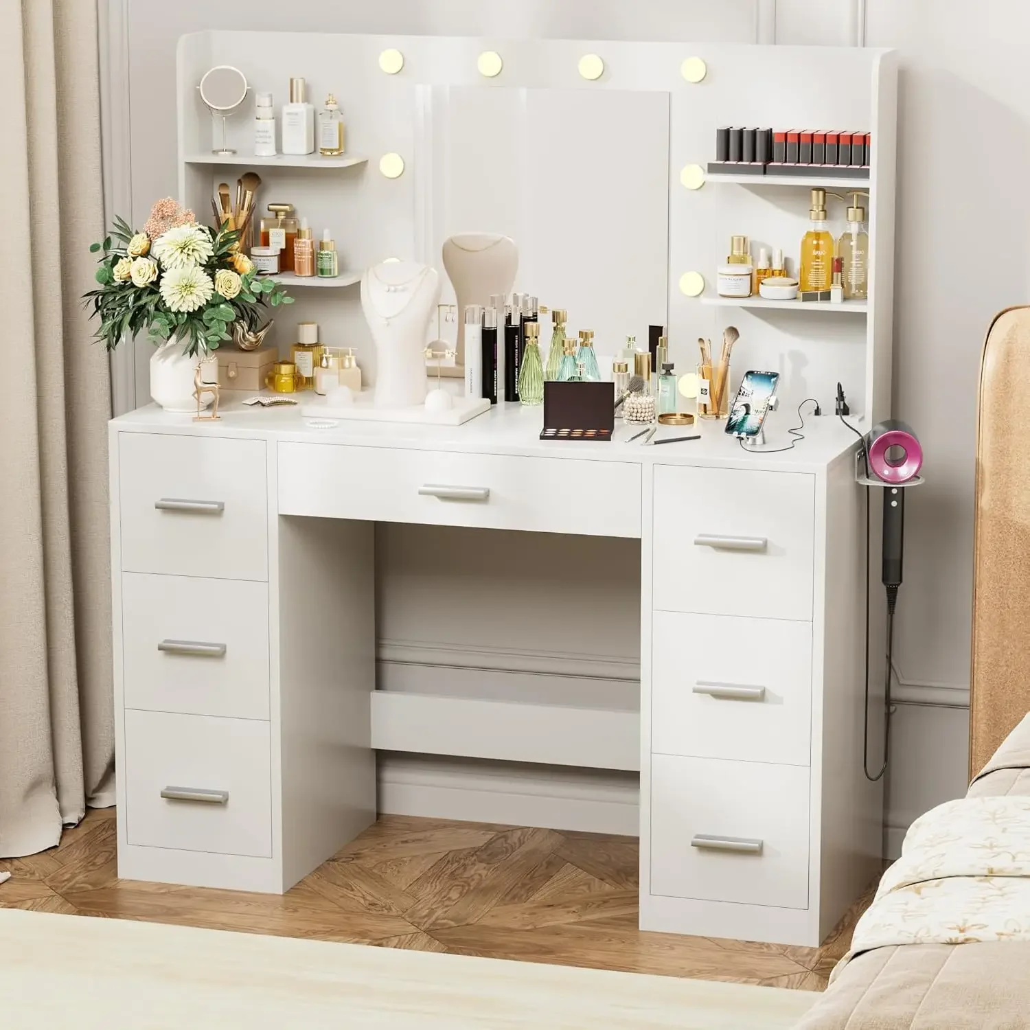 Vanity Desk with LED Lighted Mirror Power Outlet 3 Model Lights Makeup Vanity Table with 7 Drawers and 6 Storage Shelves