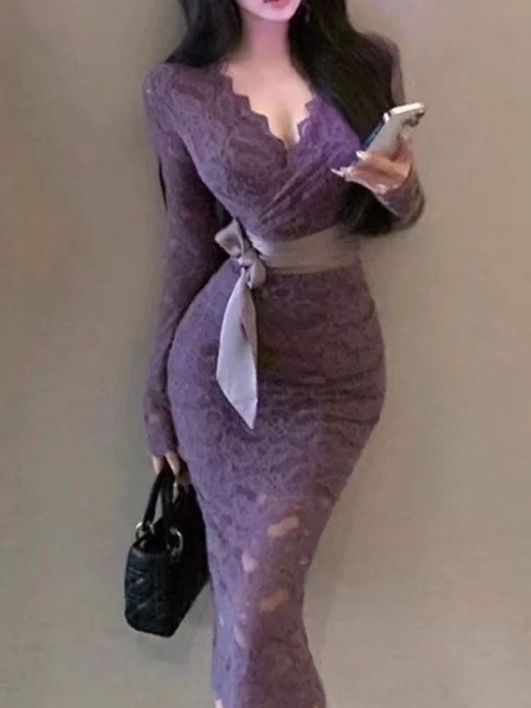 Сексуальное кружевное облегающее платье с v-образным вырезом, фиолетовая осенне-зимняя внутренняя одежда с пальто, длинная юбка с высокой талией для молодых женщин