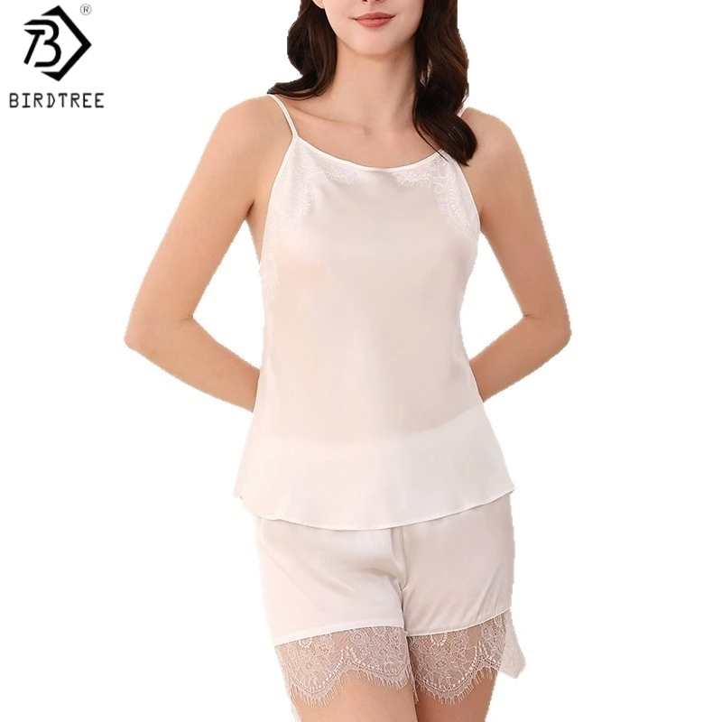 BirdTree,16MM 100% Silk Pajamas Set,Women's Sling Backless Tops Elastic Waist Shorts,Casual Homewear Clothes,2026 New P61723JF