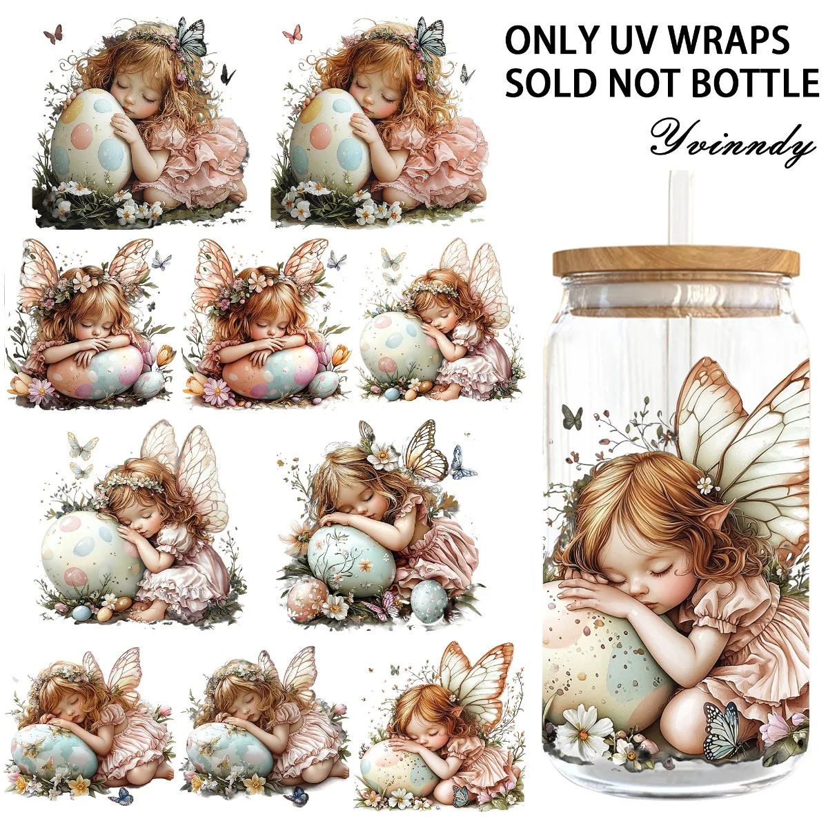 5 Stück/Set Osterei-Fee UV DTF DIY 16OZ Transferaufkleber für DIY-Becher (Nur der Transferaufkleber ist enthalten)