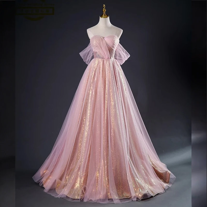 Pink Sequins Ball Gown Prom Dress with Tulle Off Shoulder Formal Dresses for Women Elegant Lace-up Sweet Dresses Sparkle Gown