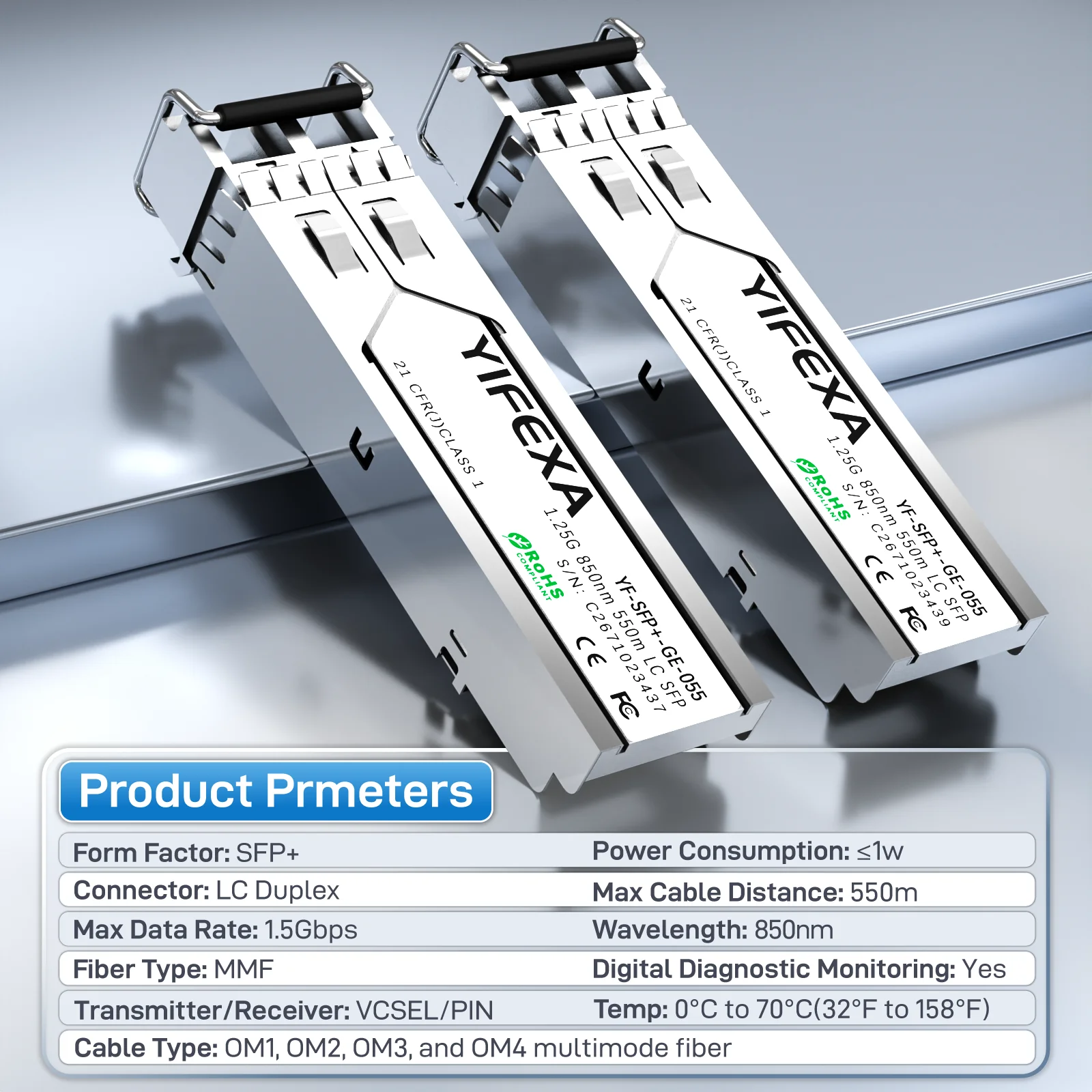YIFEXA 1.25G SX SFP Transceiver Module LC 850nm Duplex 550M 1000BASE Multi-Mode Cisco,TP-Link,Mikrotik,Ubiquiti Ethernet Switch
