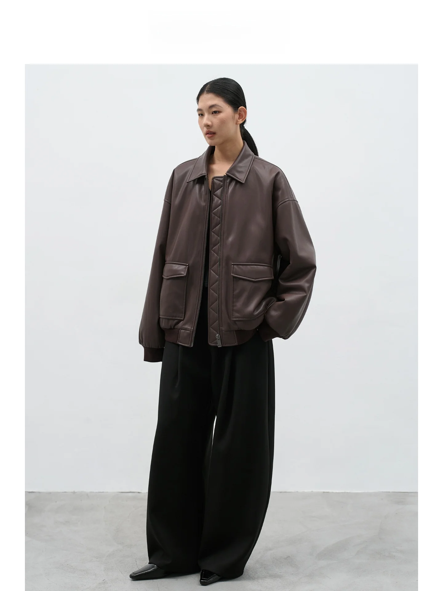 EIGHTHMONTH جاكيت نسائي كاجوال بسحاب، بني بني داكن، ياقة، أكمام طويلة، قصة ضيقة، معطف جلدي، ملابس خارجية للنساء