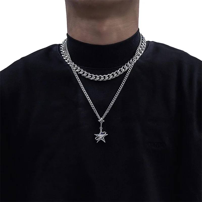 Hip Hop Trend Titanium Steel Pentagram Cuban Necklace for Men and Women Niche Neutral Fashionable High-end Sweater Chain