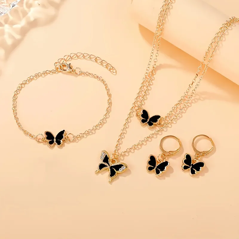 طقم مجوهرات على شكل فراشة متعددة الألوان مكون من 4 قطع - قلادة من المينا الذهبية اللون وأقراط وسوار وإكسسوار للحفلات اليومية طراز Y2K