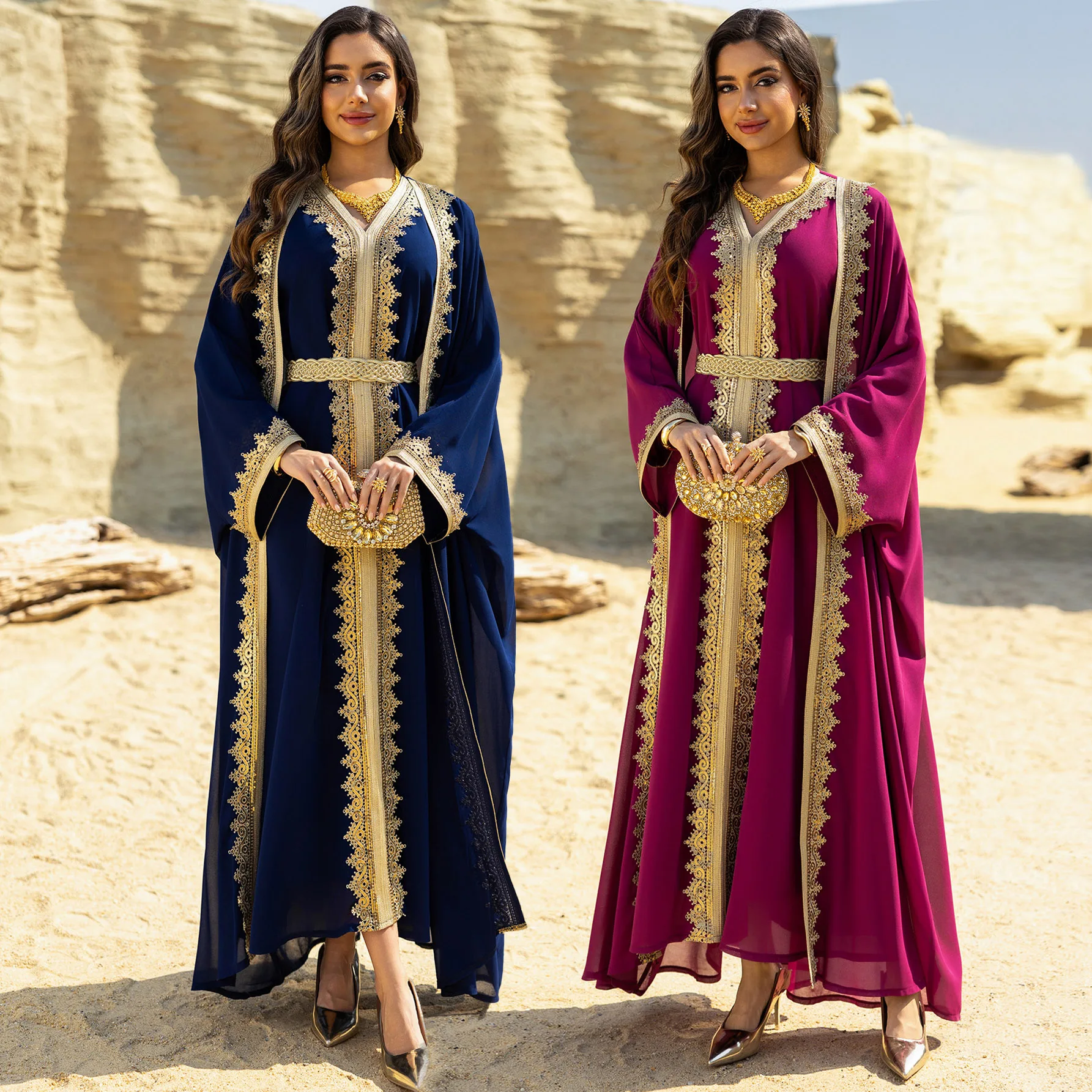 

Ramadan Eid Evening Party Events Women Moroccan Chiffon Kaftan Dress Set-Braid Sequins, Long Sleeves Dress, Butterfly Kaftan