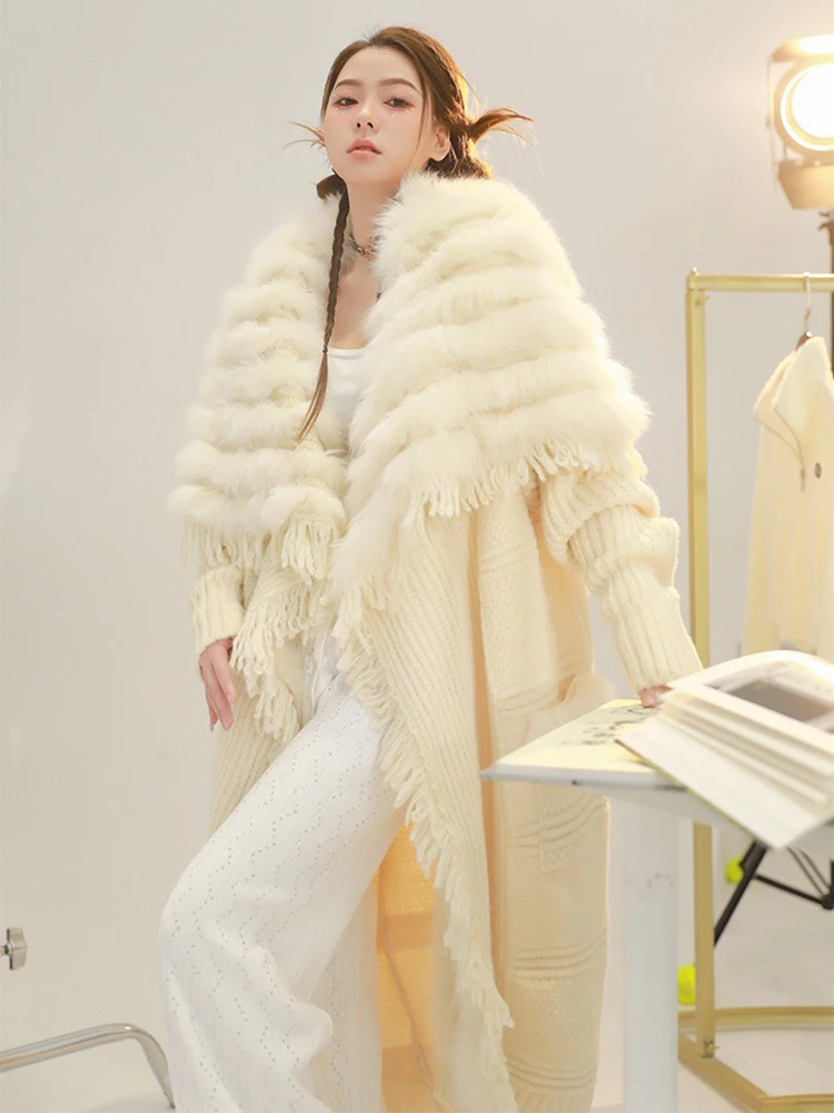 Women Fashion Real Fox Fur Knitting OverSize Coat Autumn Fox Fur Decoration Lady's Fashion Long Sweater Length 110cm