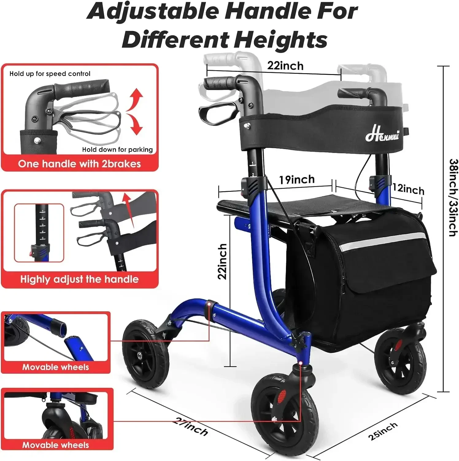 Henmnii Rollator Walker for Seniors, Lightweight Foldable All Terrain Rolling Walker with seat, Aluminum Walkers with 8 inch Rub