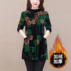 Women Winter Korean New Half High Collar Pullover Commuting Fashion Printing Pocket Splicing T-shirt Thickened Medium Long Tops