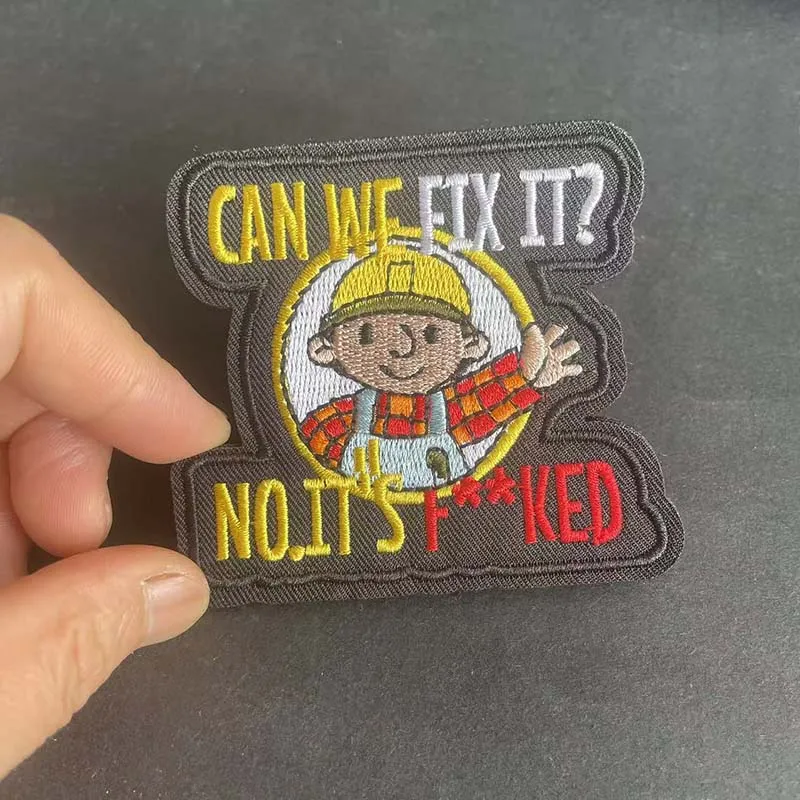 Image of „Können wir es reparieren?“ Lustige Jungen-Stoffapplikationen, taktische Aufnäher mit Klettverschluss für Kleidung, Rucksack, Jacke
