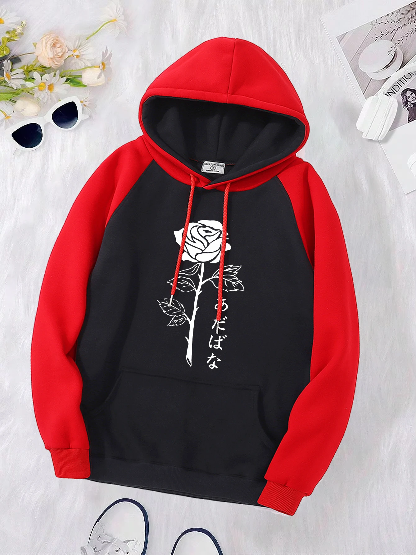 Rose With Thorns Print Raglan Hoody Womens Loose Pocket Hoodie Fashion Fleece Pullovers Hip Hop All-Match Clothes Unisex