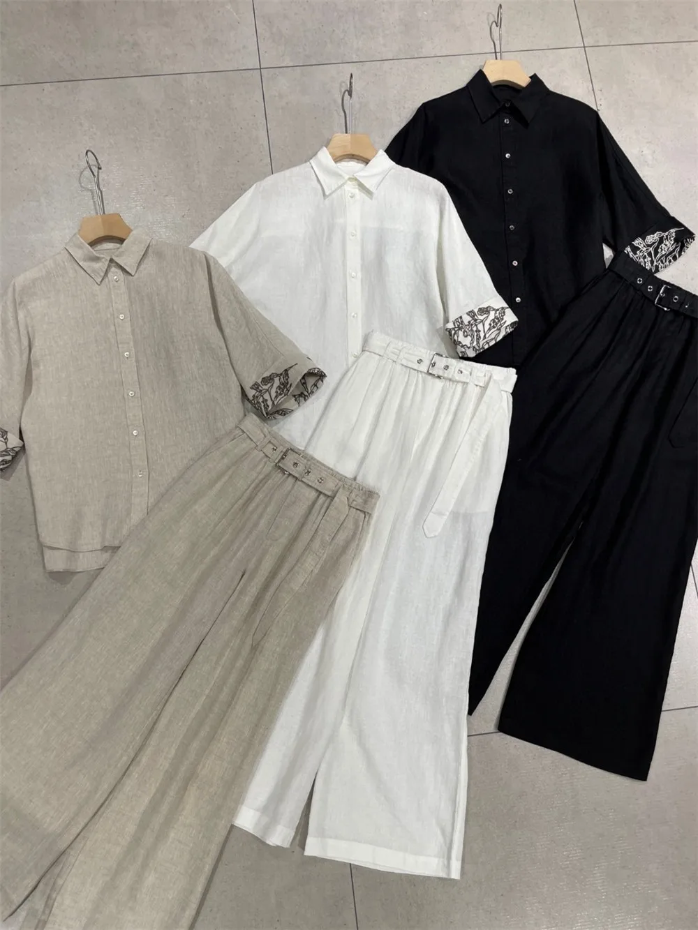

Heavy Industry Cuff Embroidery Linen Shirt Top + High Waist Wide Leg Pants Women 2 Piece Set