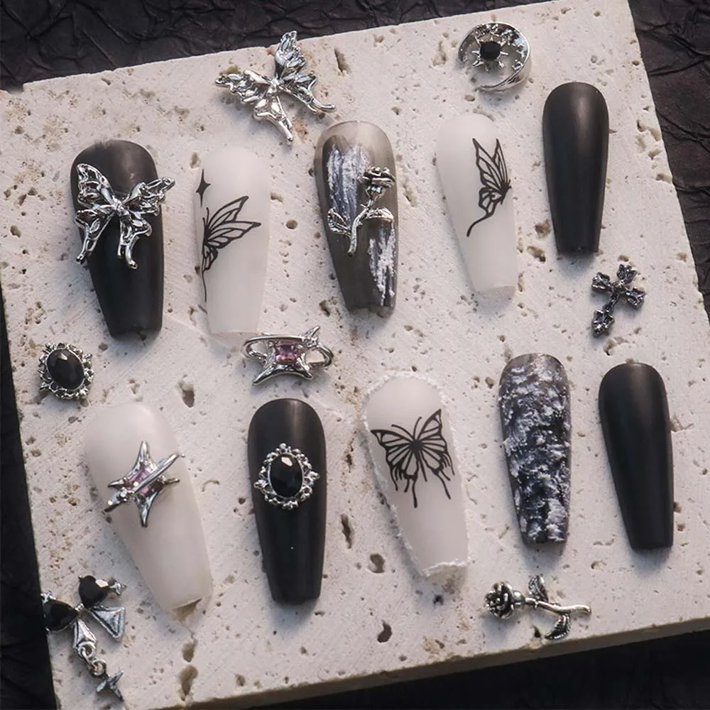 10Pcs Gothic Punk Style Nail Art Charm 3D Alloy Silver Winged Butterfly Moon Rose Nail Decoration DIY Antique Nail Accessories